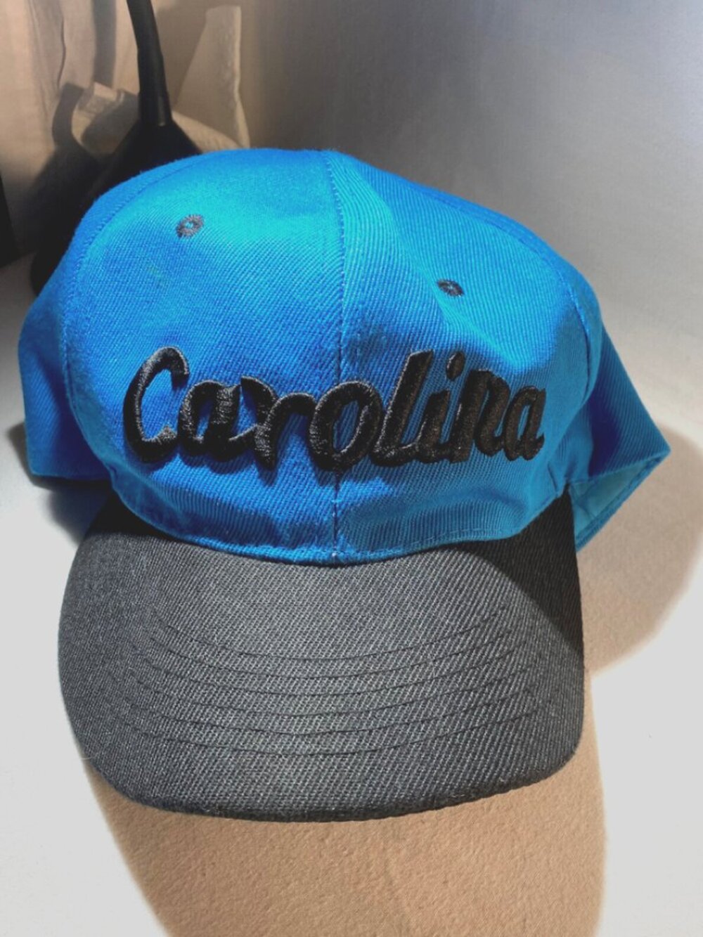 Carolina Hat Snap back Black Blue Embroidered Spell Out Retro Throwback Cap